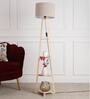 Double Beige Cotton Shade Shelf Floor Lamp With Birch Ply Base