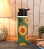 Double Cap Sports Water Bottle With Green & Yellow Sunflower Print