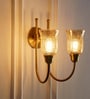 Double Hockey Wall Lamp Antique Brass Finish with Chimney Crackled Glass Golden Luster