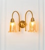 Double Hockey Wall Lamp Antique Brass Finish with Fluted Flower Glass Golden Luster