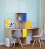 Double Trouble Kids Study Table in Blue, Yellow, Orange And Oak Finish