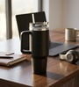 Double Wall Stainless Steel Black Tumbler Mug with Handle & Lid