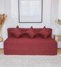 Doze Jute Fabric 4 Seater Sofa Cum Bed with 3 Cushions in Maroon Colour