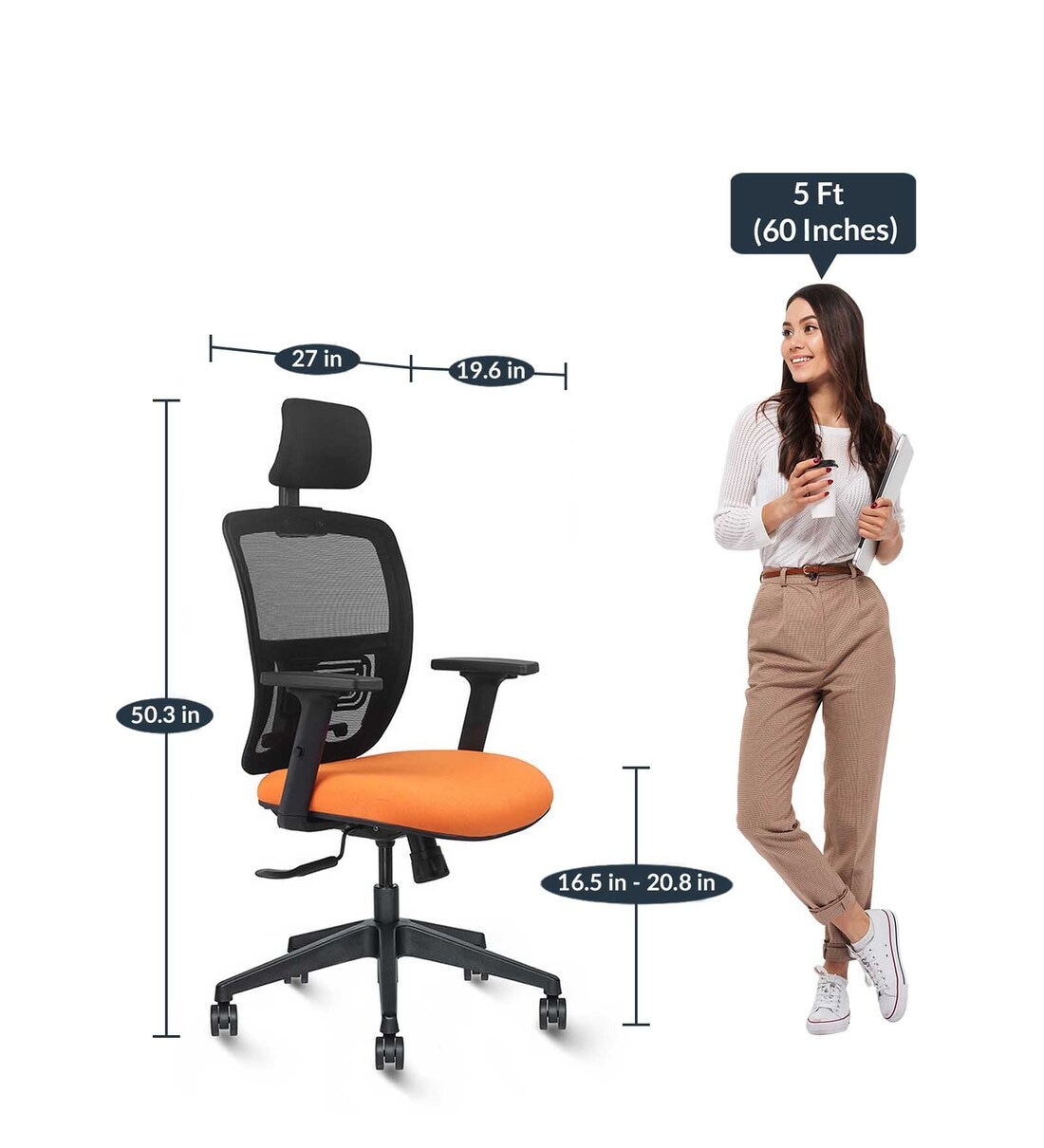 Buy Draco High Back Office Chair in Black & Orange Colour by Wakefit