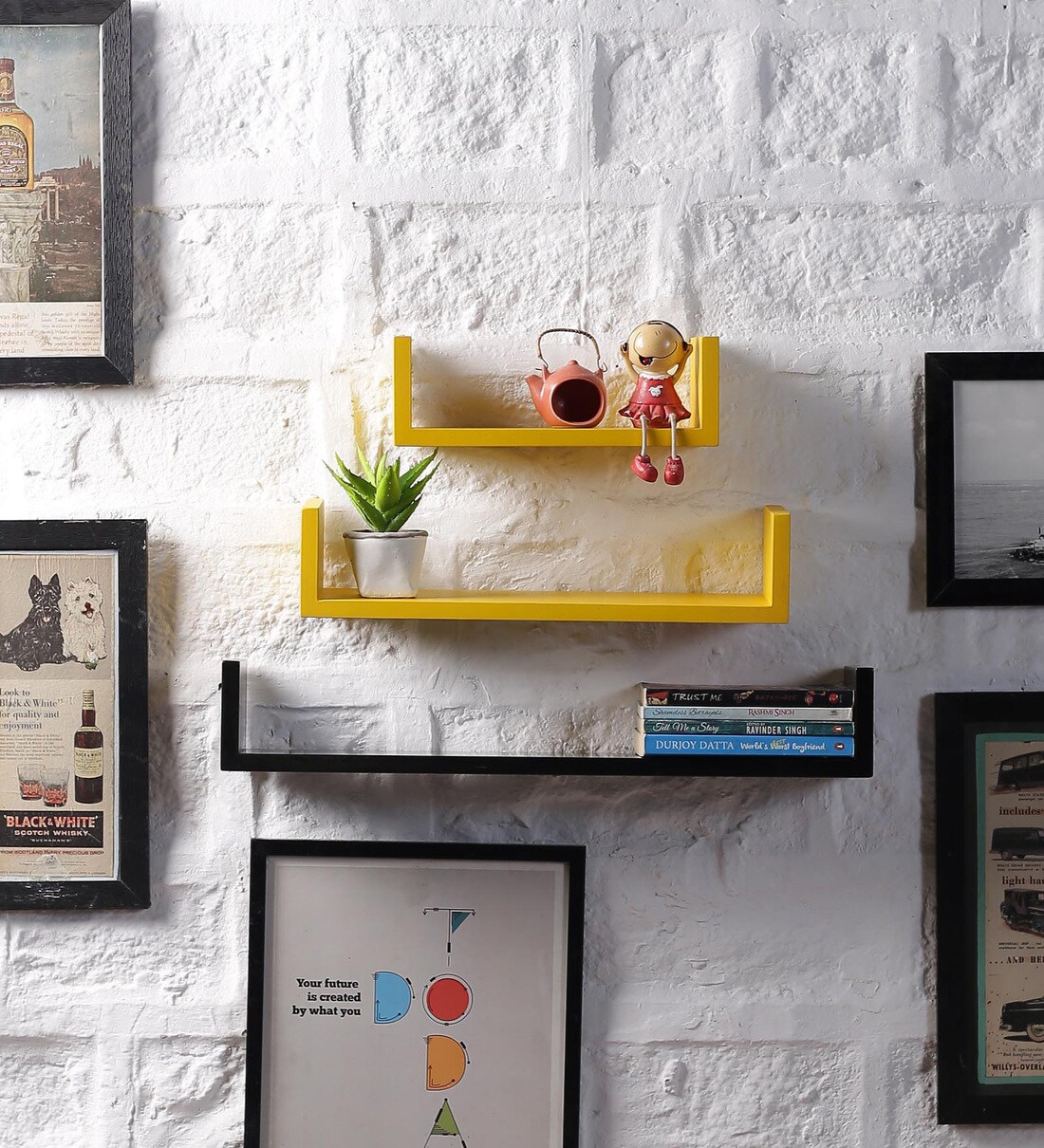 Buy Set of 3 Engineered Wood Floating Book Shelf in Black & Yellow