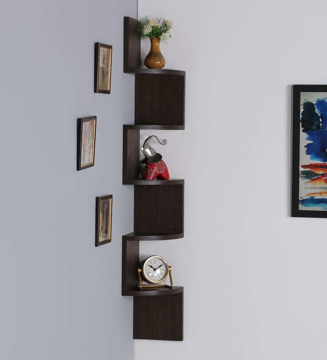 Buy Engineered Wood Zigzag Corner Wall Shelf in Brown Colour by