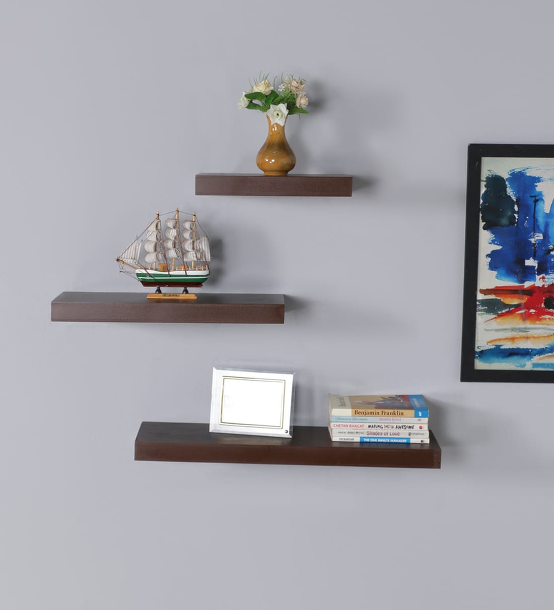 Buy Set of 3 Engineered Wood Floating Wall Shelf in Walnut Colour by