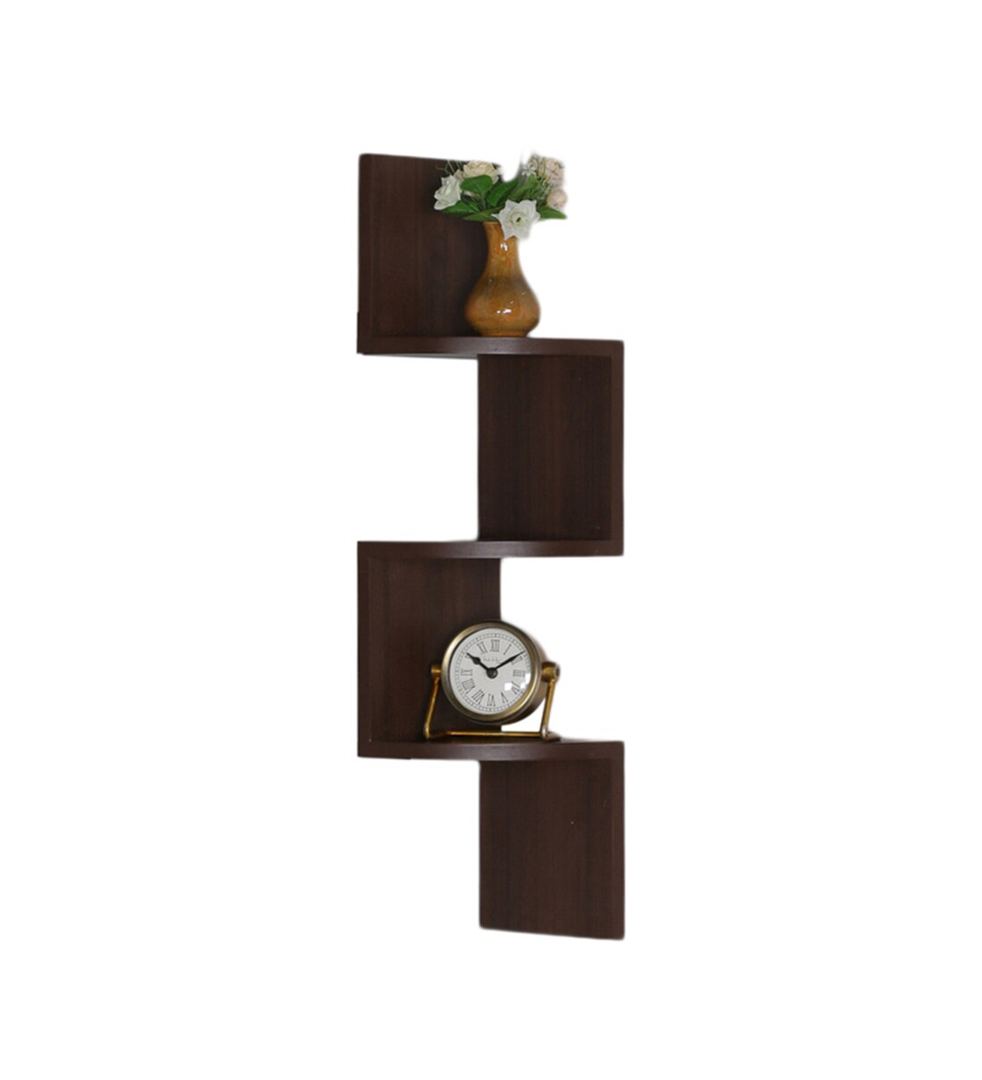 Buy Engineered Wood Zigzag Corner Wall Shelf in Walnut Colour by
