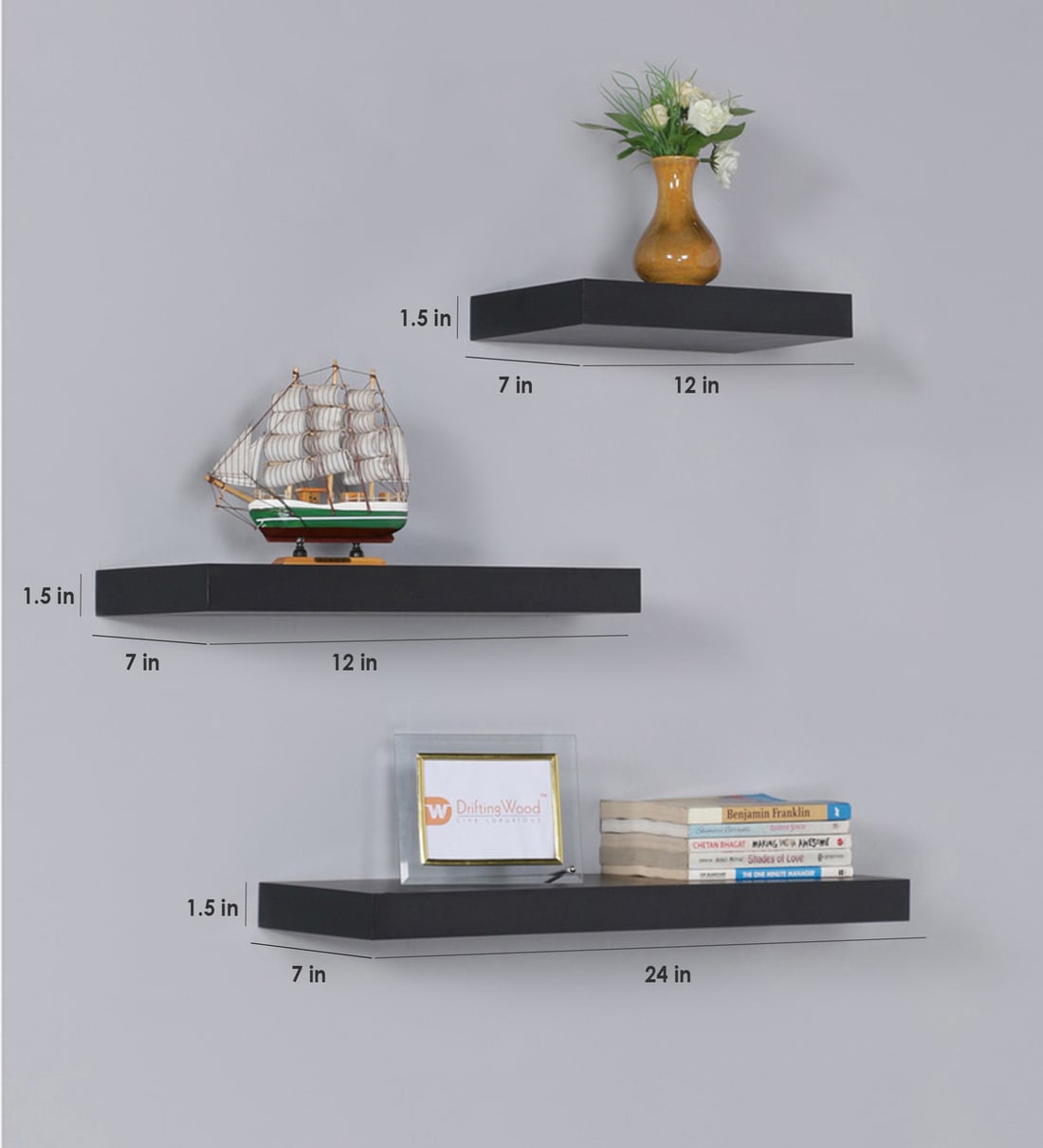 Buy Set of 3 Engineered Wood Floating Wall Shelf in Wenge Colour by ...