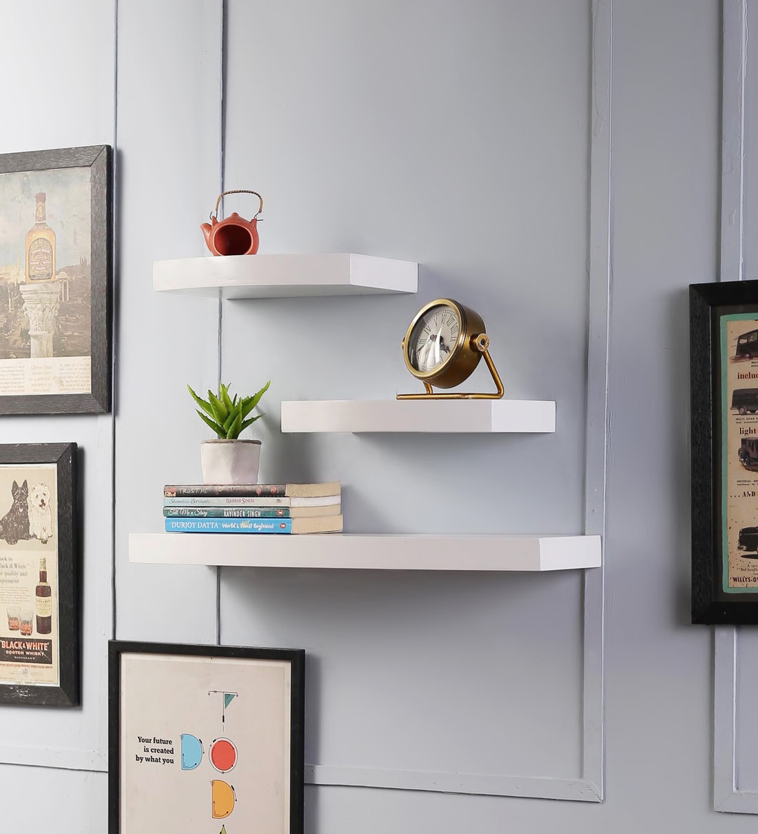 Buy Set of Engineered Wood Floating Book Shelf in White Colour