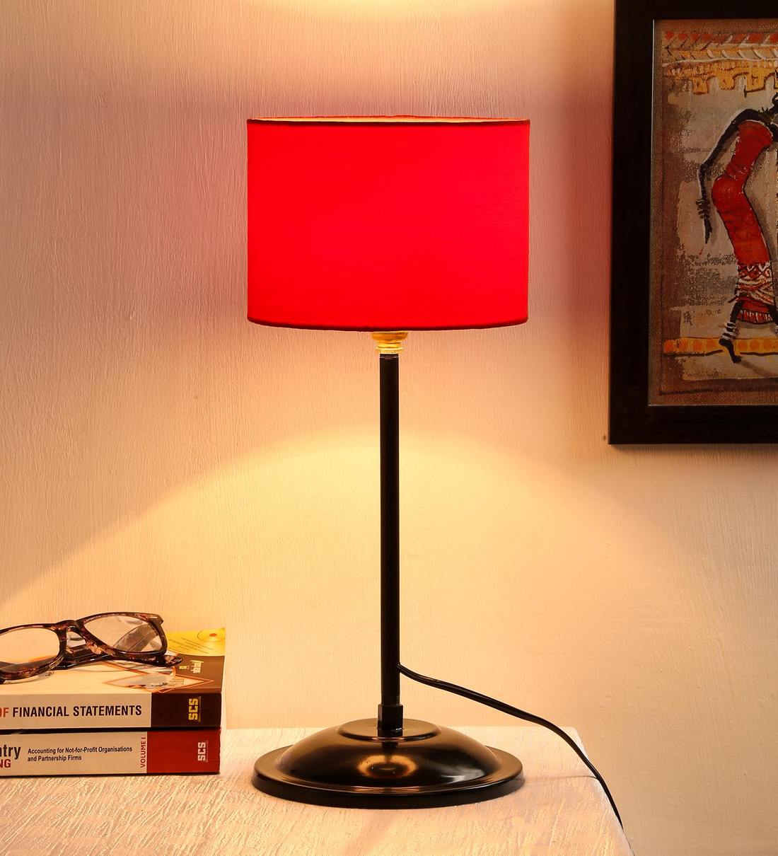 Buy Drum Designer Stick Pipe Red Cotton Shade Table Lamp with Black