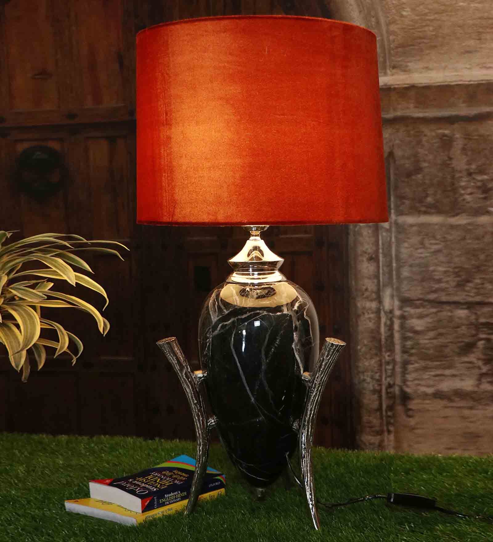 Dragon Egg Table Lamp with Velvet fabric Tapered Rust colour  Lampshade