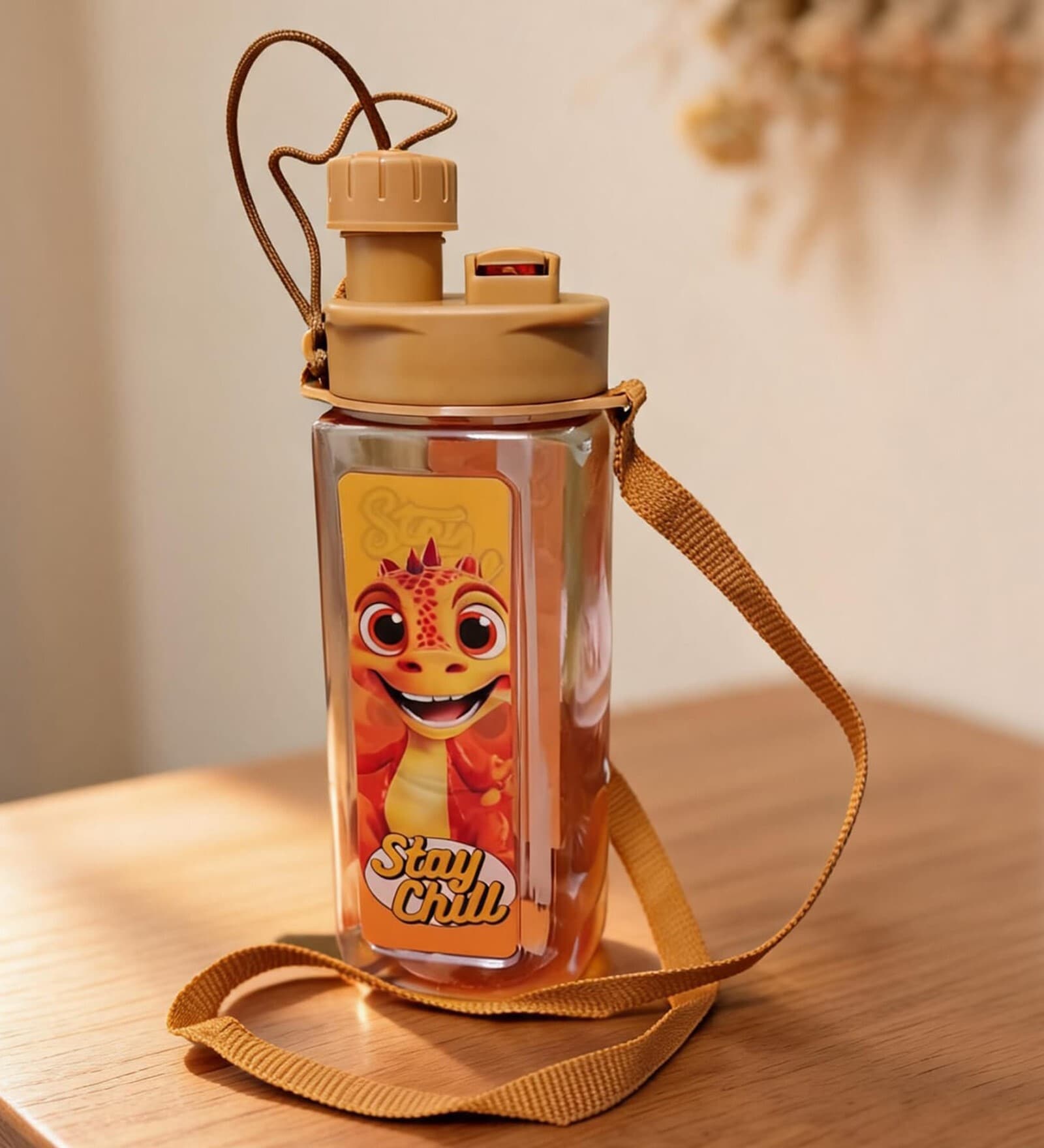 Dragon Printed Plastic Water Bottle with Straw & Strap, 600 ml