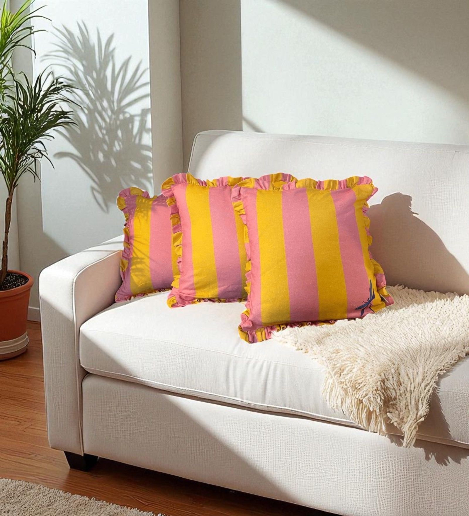 Yellow Striped Striped Cotton Ruffle 18x18 inches Cushion Covers Set of 3