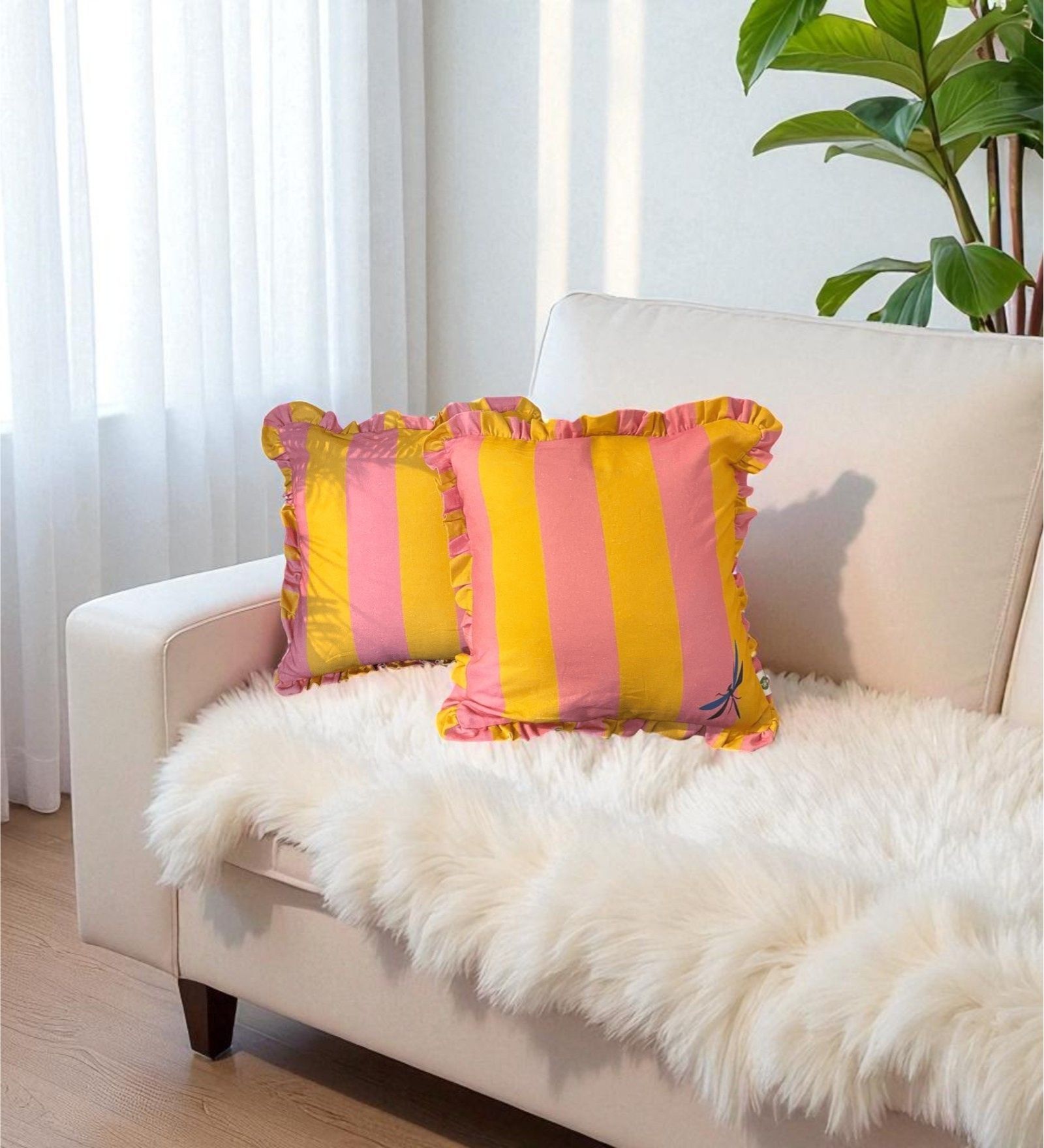 Yellow Striped Striped Cotton Ruffle 18x18 inches Cushion Covers Set of 2