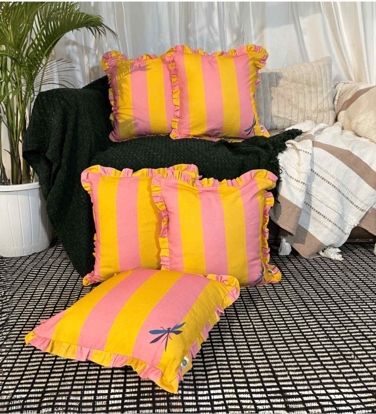 Yellow Striped Striped Cotton Ruffle 18x18 inches Cushion Covers Set of 5