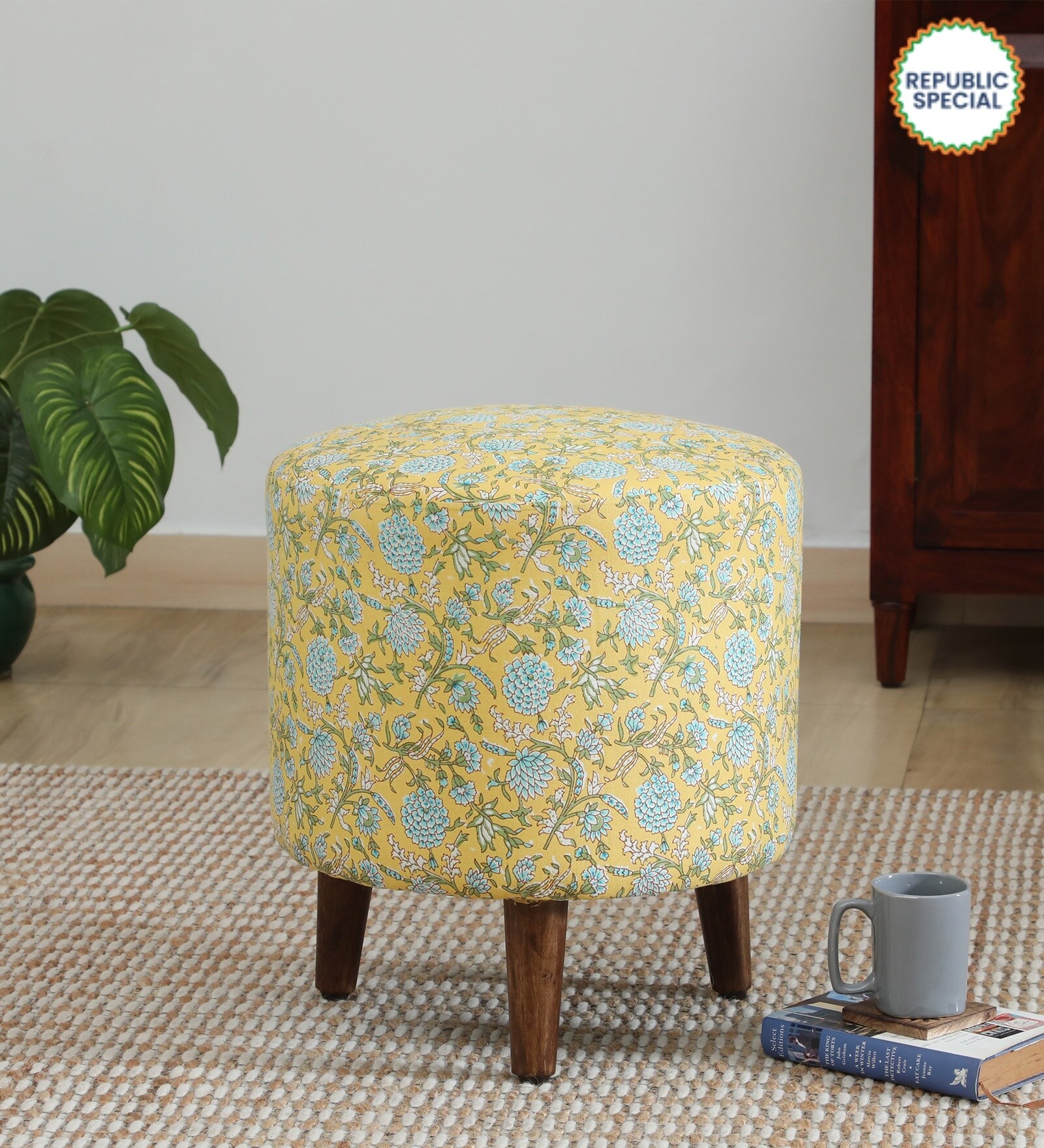 Drake Fabric Seating Stool In Provincial Teak Finish