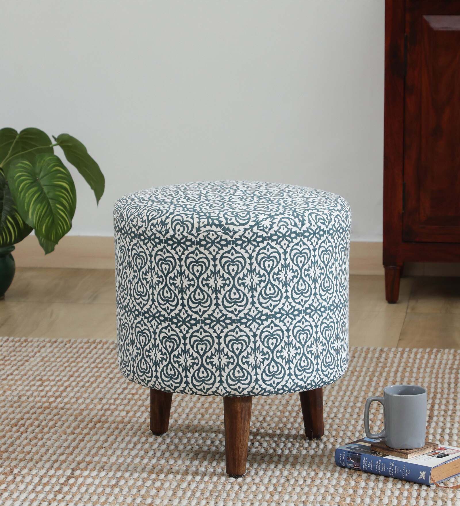 Drake Fabric Seating Stool In Provincial Teak Finish