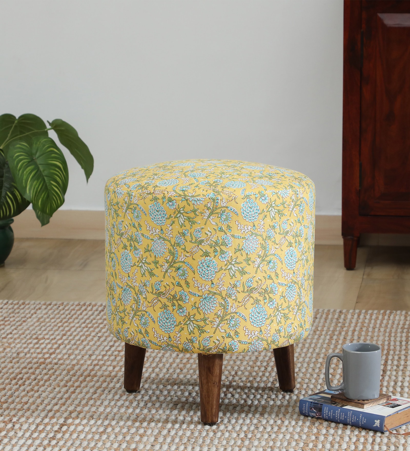 Drake Fabric Seating Stool In Provincial Teak Finish