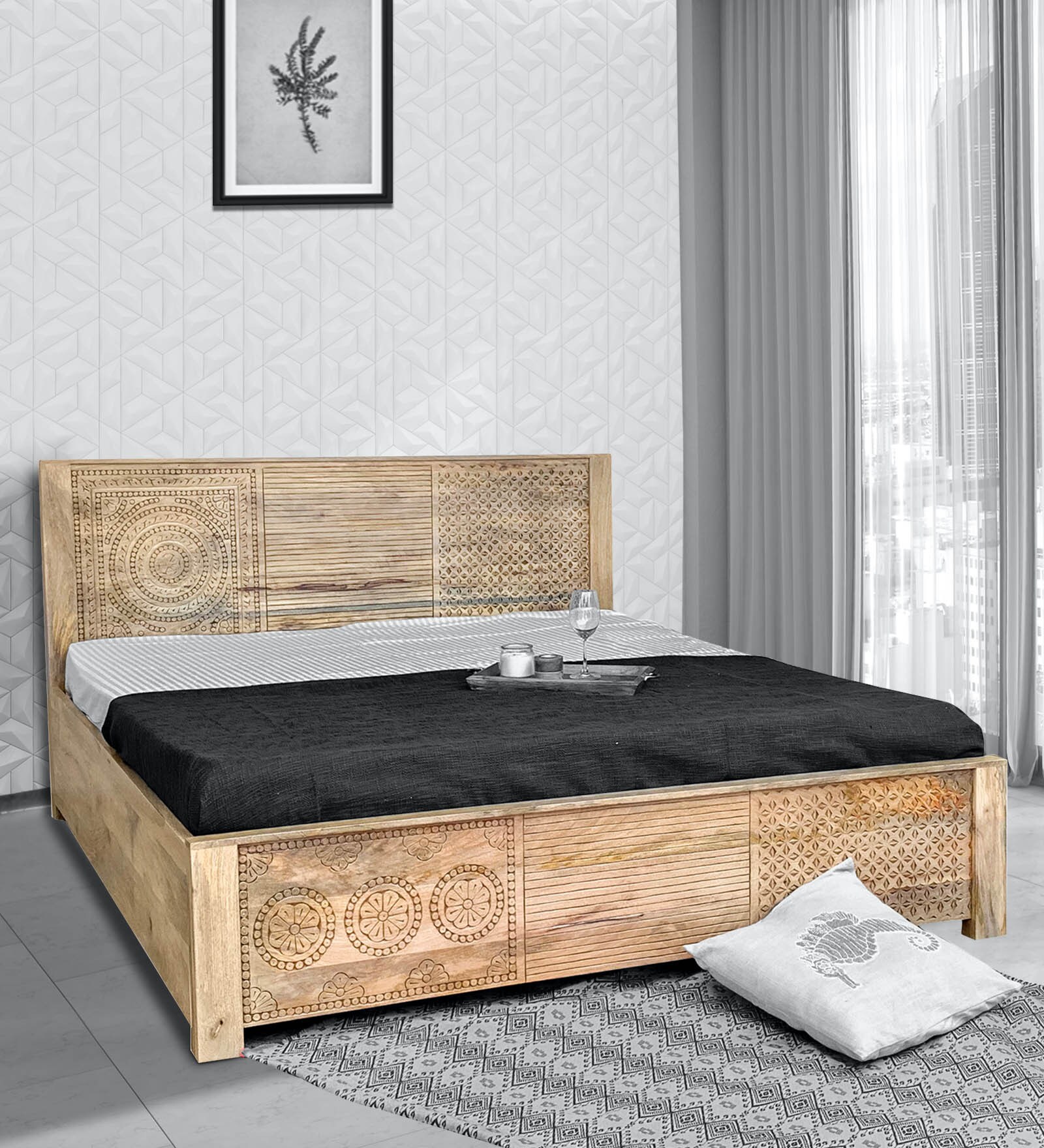 Dravidian Queen Size Bed With Box Storage Vintage White Finish