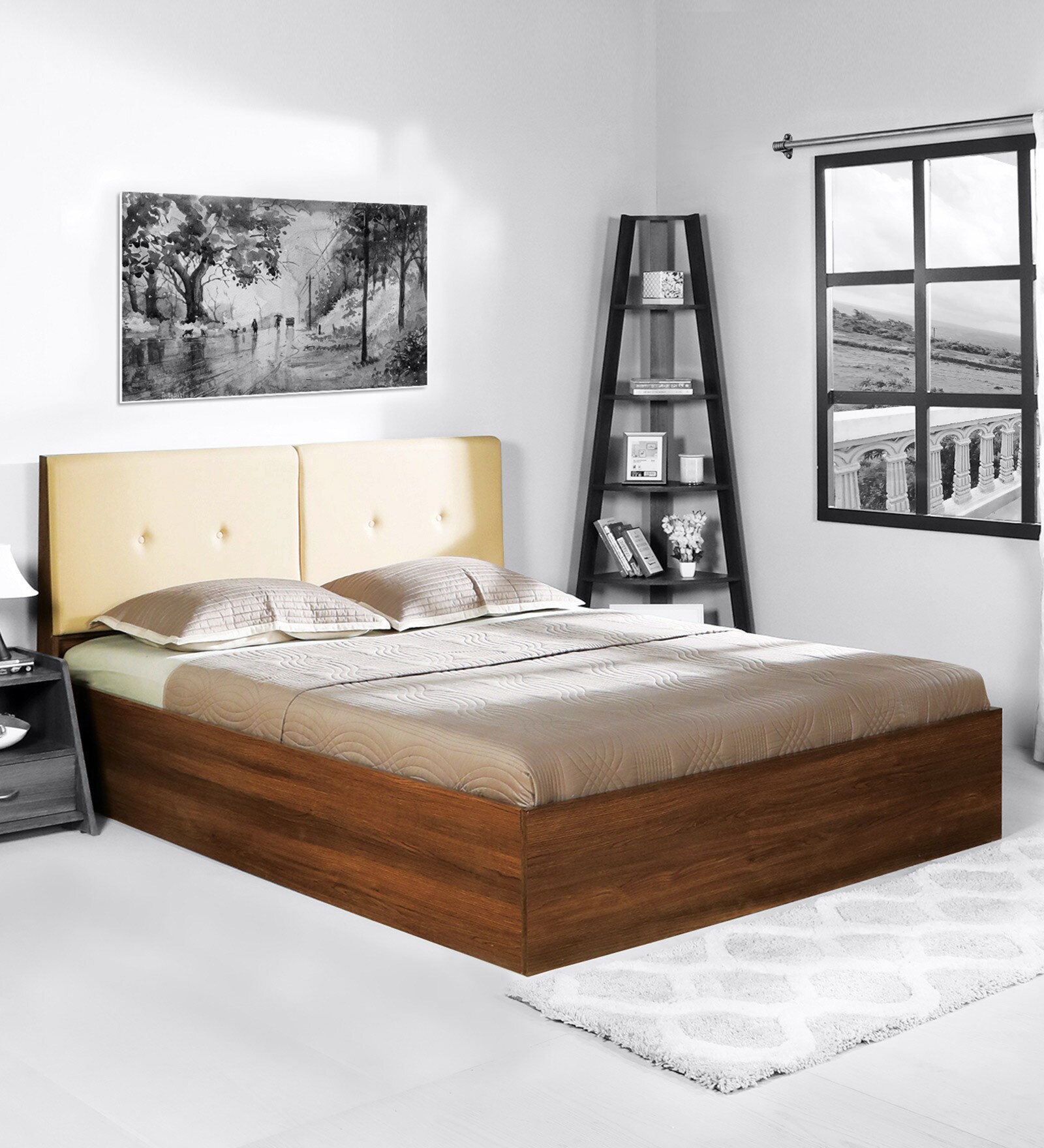 Dream Queen Size Upholstered Bed with Storage In Light Brown Finish Dream Queen Size Upholstered Bed with Storage In Light Brown Finish