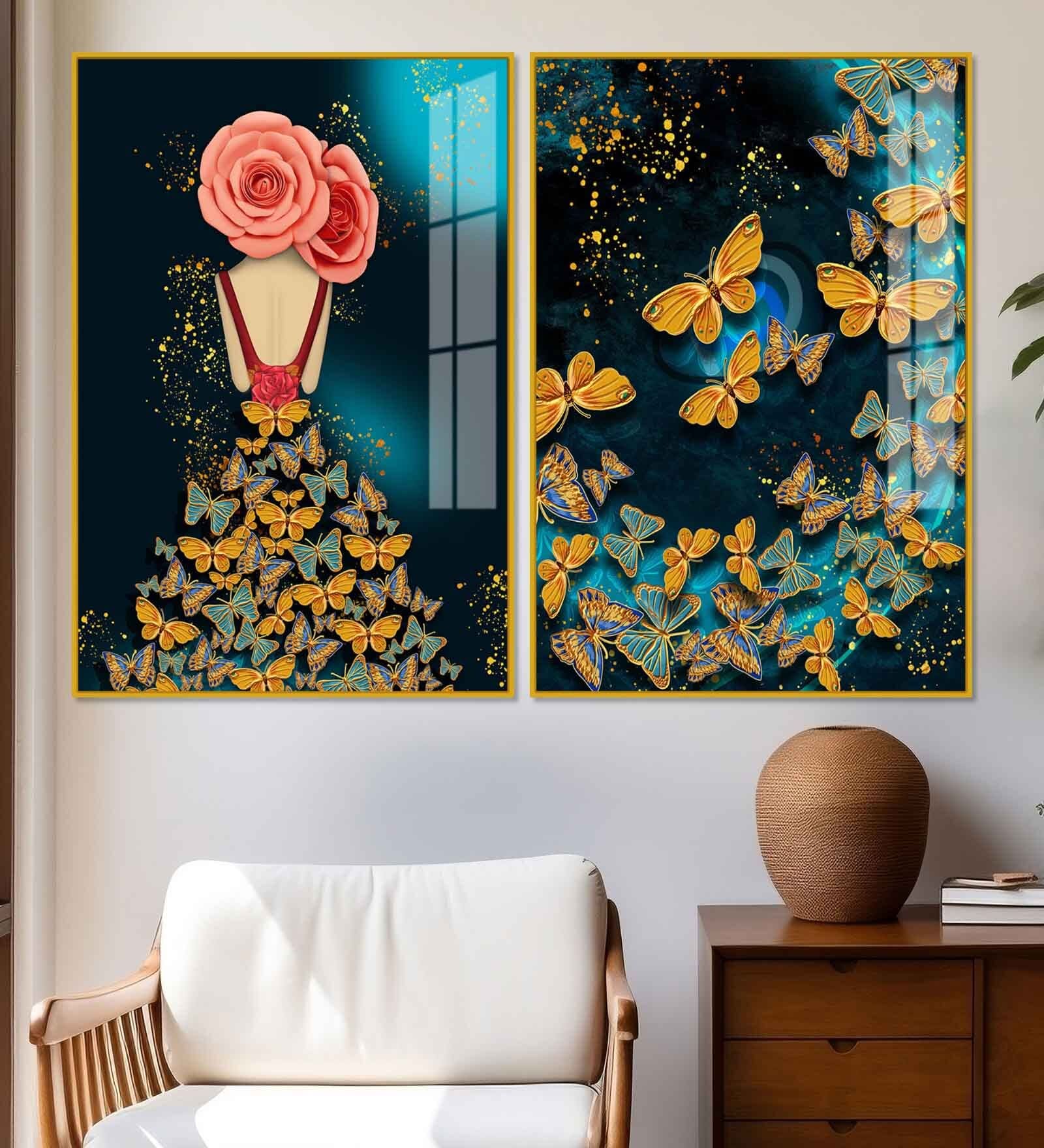 Dress Of Golden Butterflies Acrylic Framed Art Panel (Set Of 2)