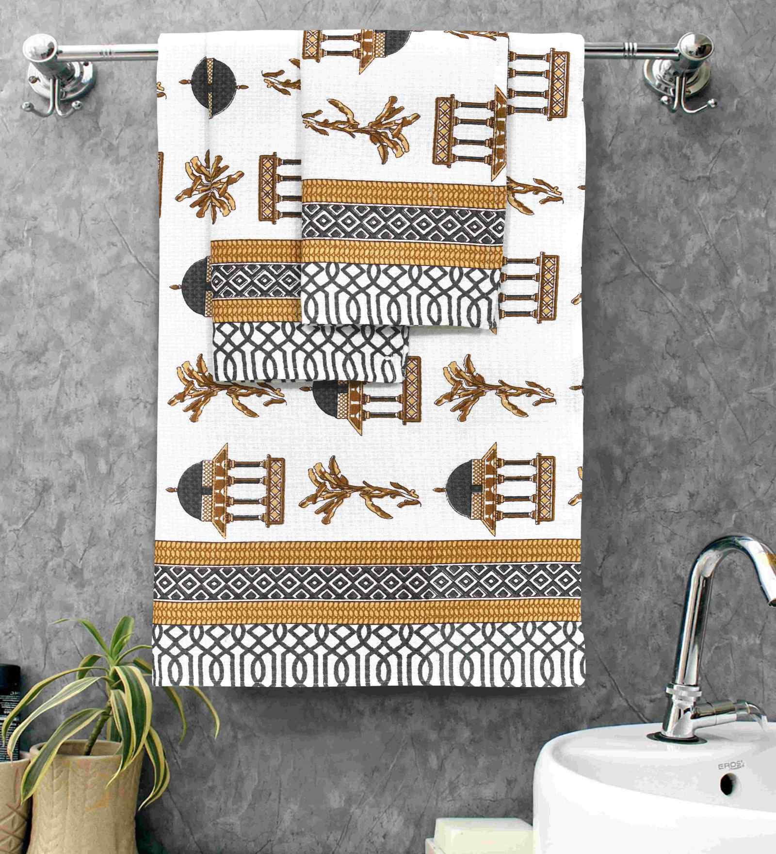 Dried Tobacco Madhuban Floral Waffle Cotton 250 GSM Bath & Hand Towel Set