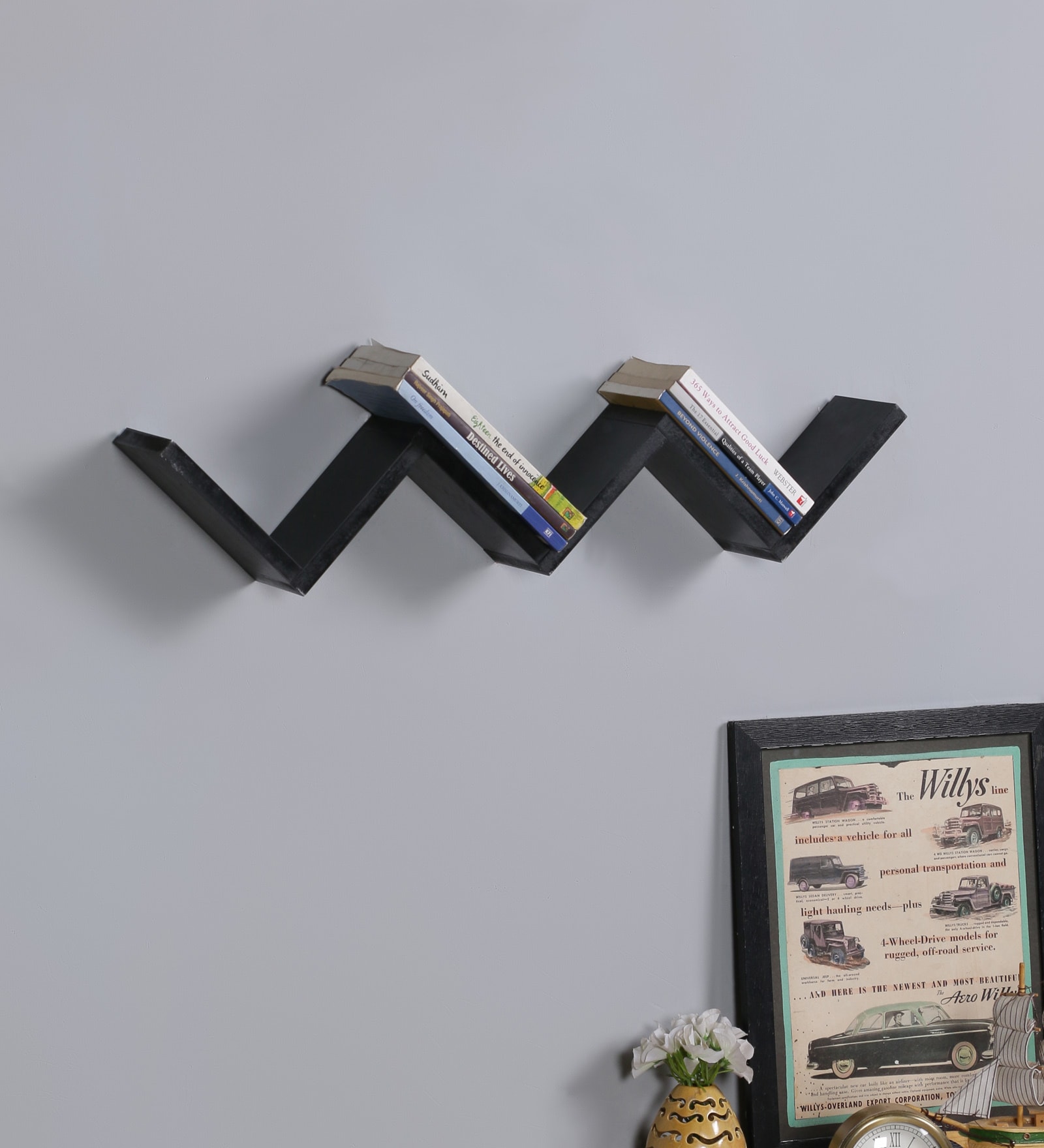 Engineered Wood Zigzag Floating Book Shelf In Black Colour