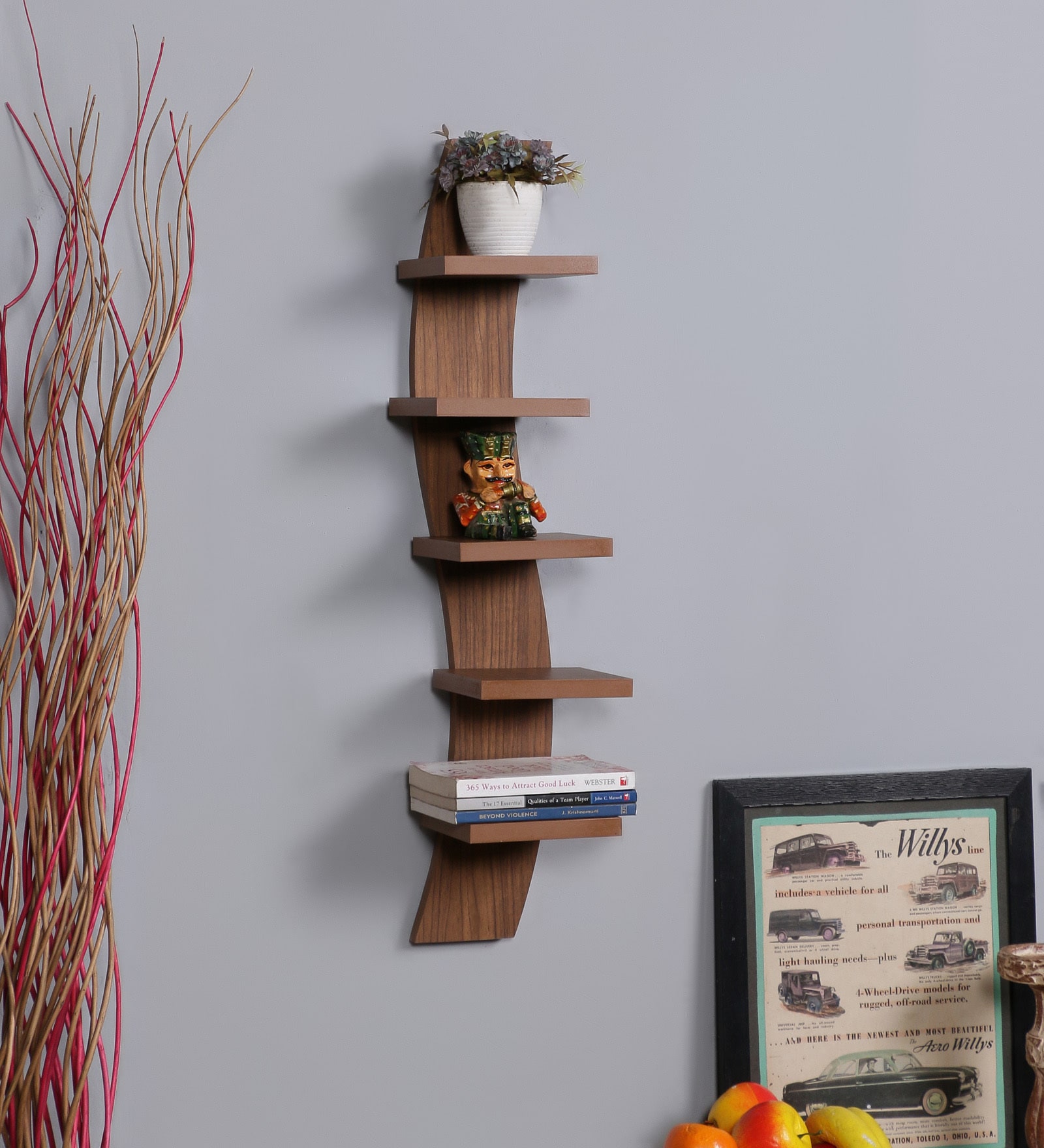 Engineered Wood Snack Shape Floating Book Shelf in Brown Colour