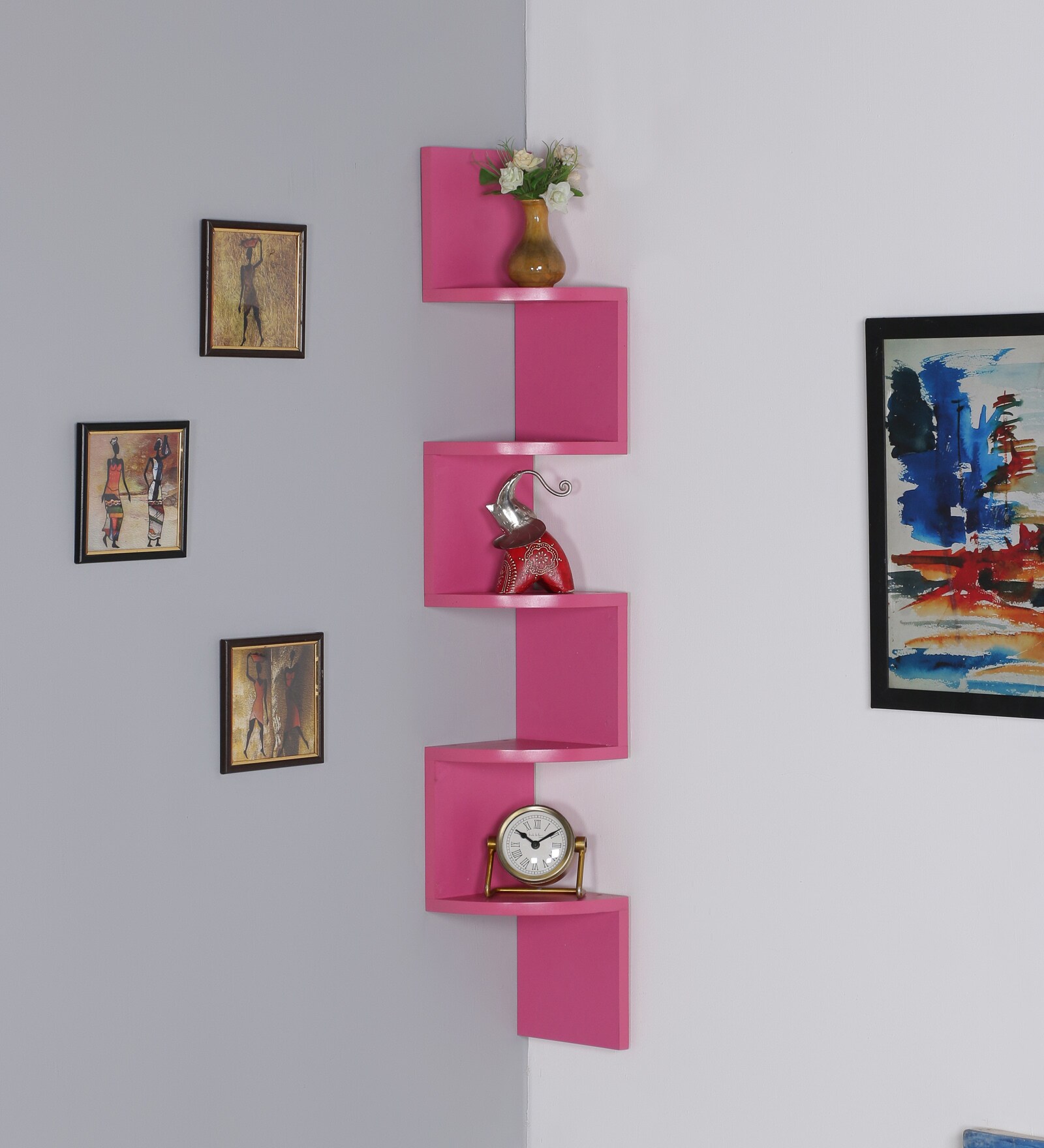 Engineered Wood Snack Shape Corner Wall Shelf In Pink Colour