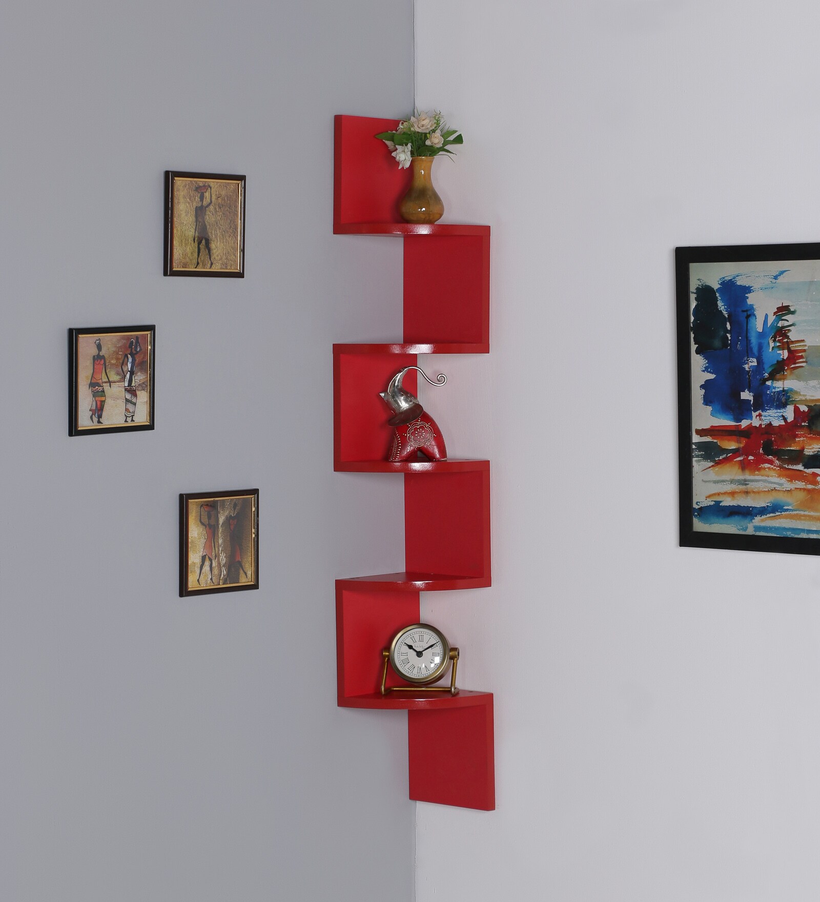 Buy Engineered Wood Zigzag Corner Wall Shelf in Red Colour by