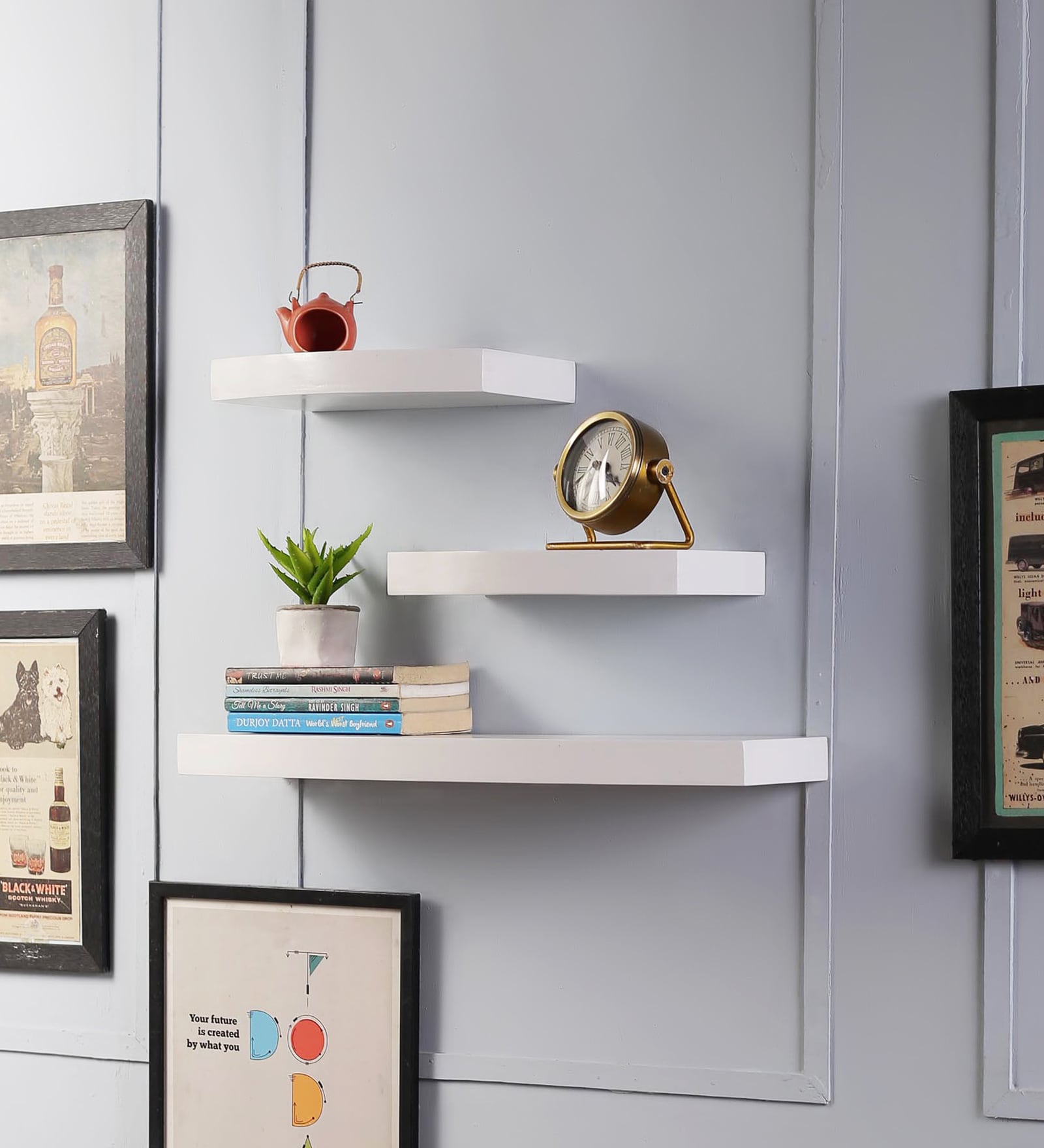 Set of 3 Engineered Wood Floating Book Shelf in White Colour