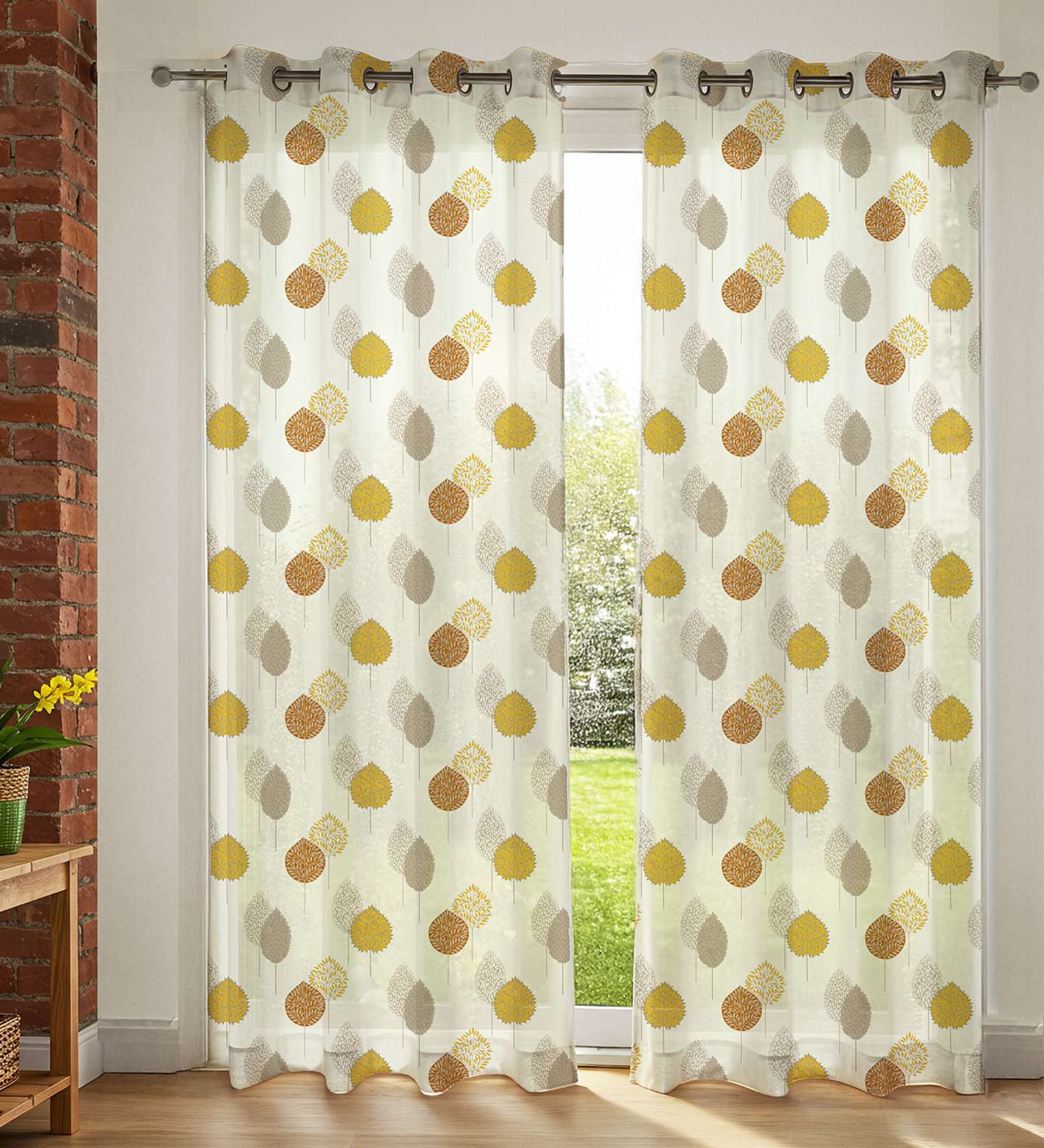 Drops Mustard Floral Polyester Curtains for Long Door Pack of 2
