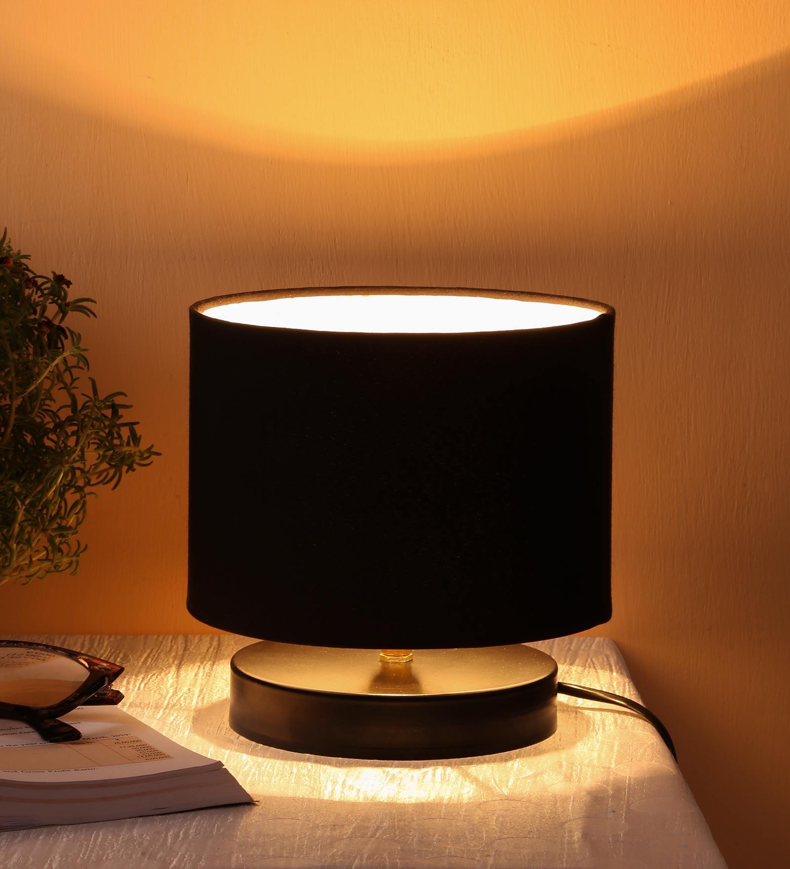 Dijon Black Cotton Shade Night Lamp With Iron Base