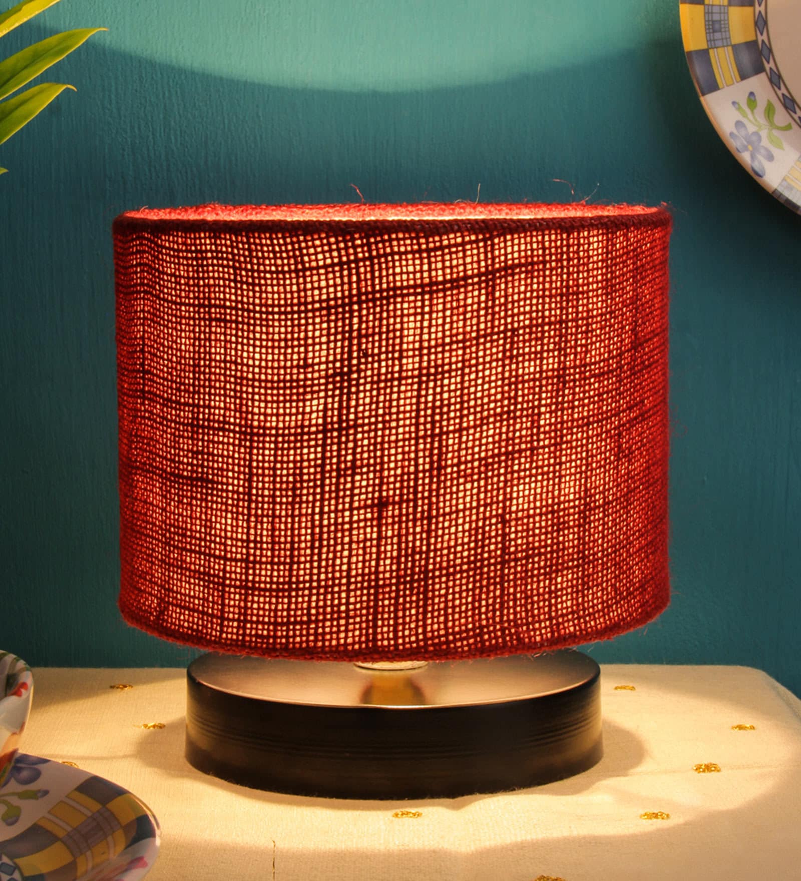 Caen Maroon Jute Shade Night Lamp With Iron Base