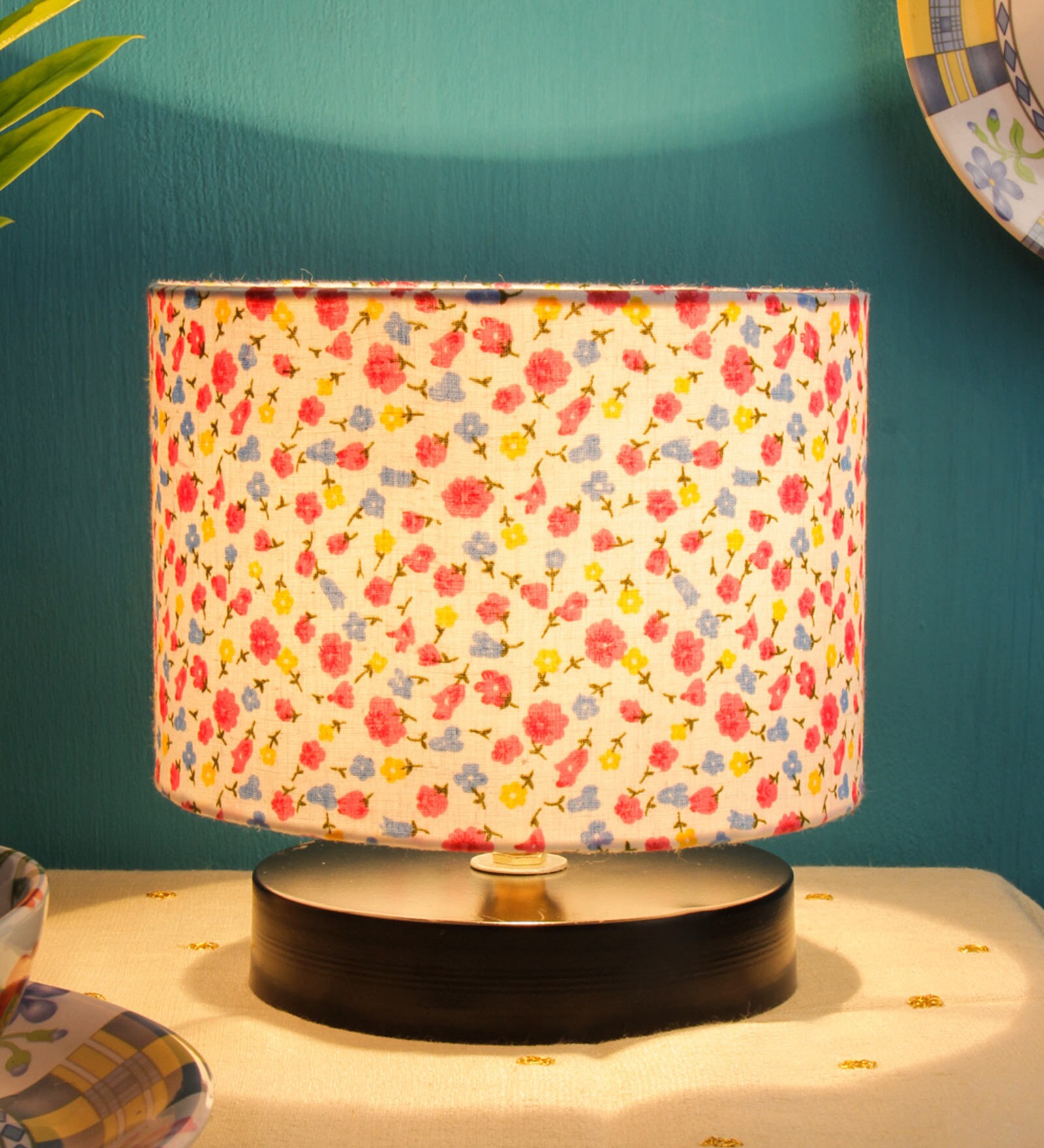 Drum Designer Multicolour Cotton Shade Table Lamp with Black Base