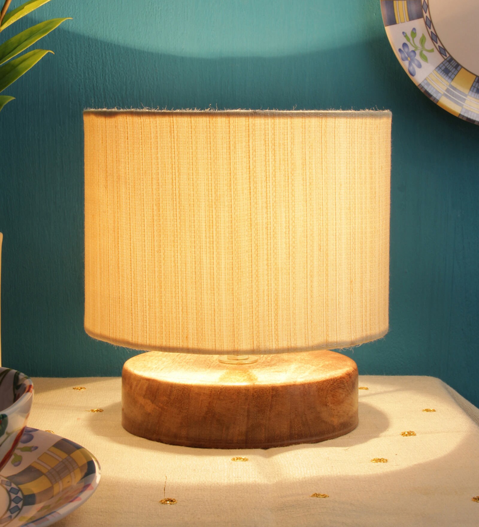 Nigella Off White Cotton Shade Night Lamp With Wood Base