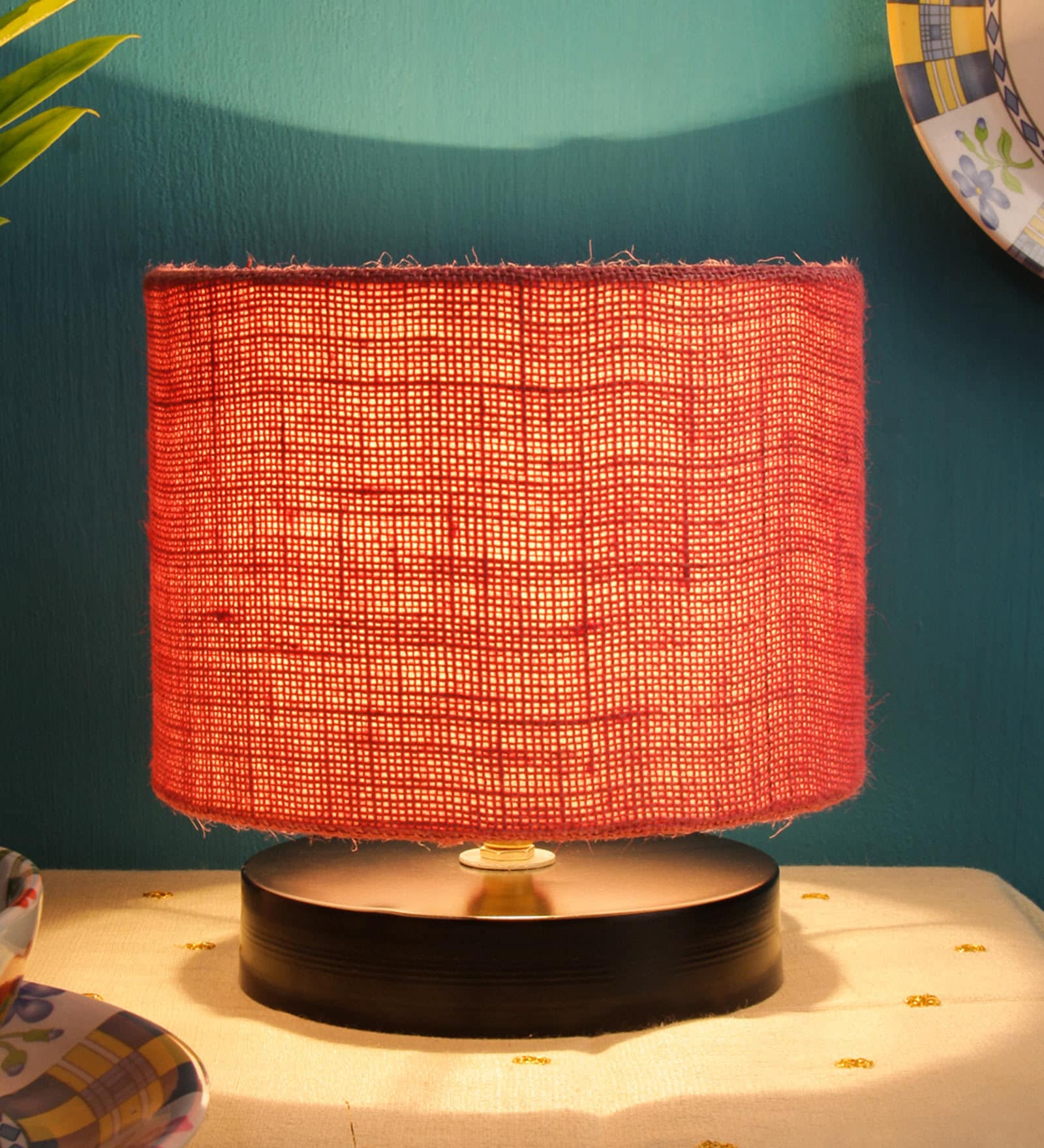 Drum Designer Pink Jute Shade Table Lamp with Black Base