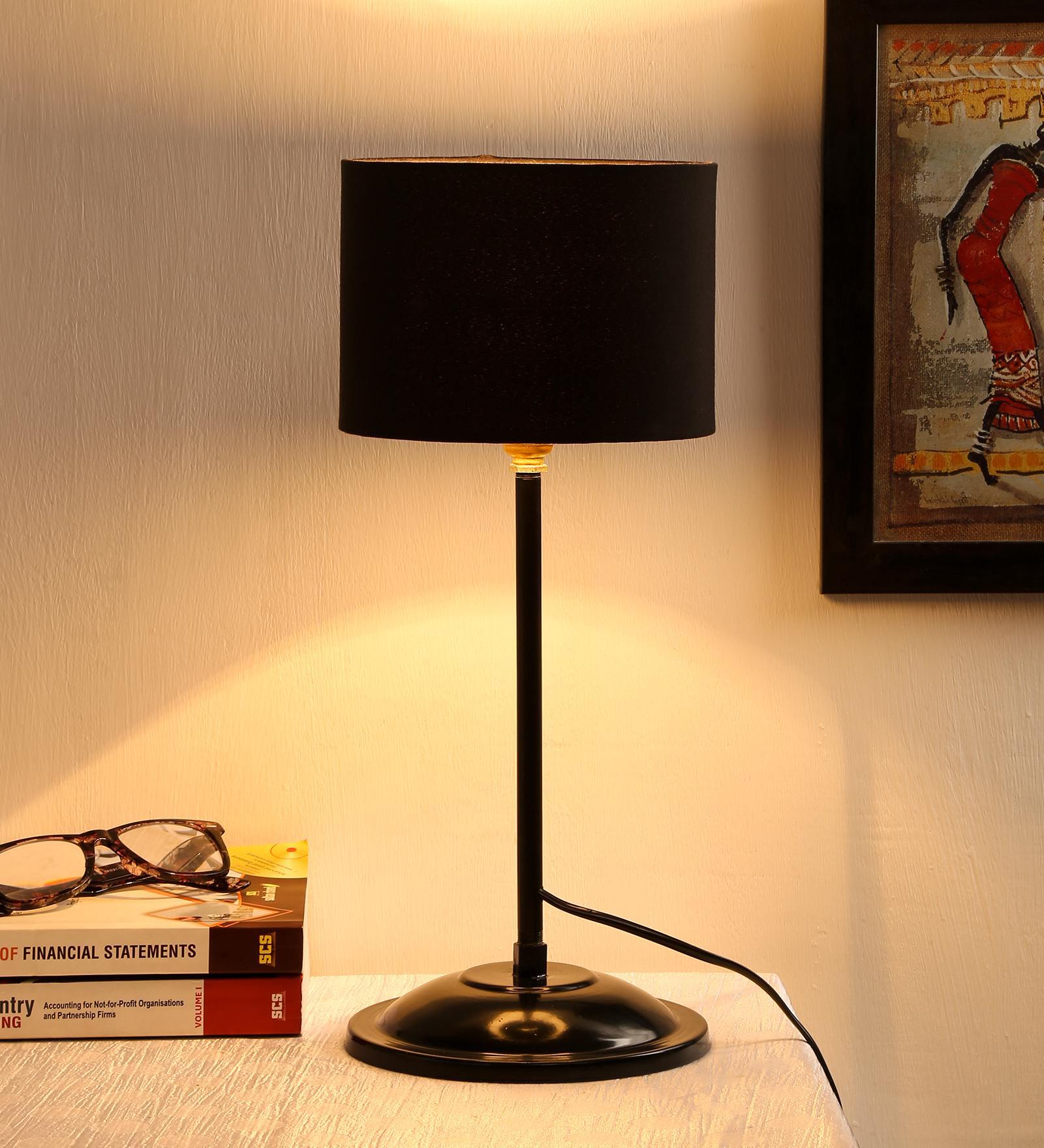 Drum Designer Stick Pipe Black Cotton Shade Table Lamp With Black Base