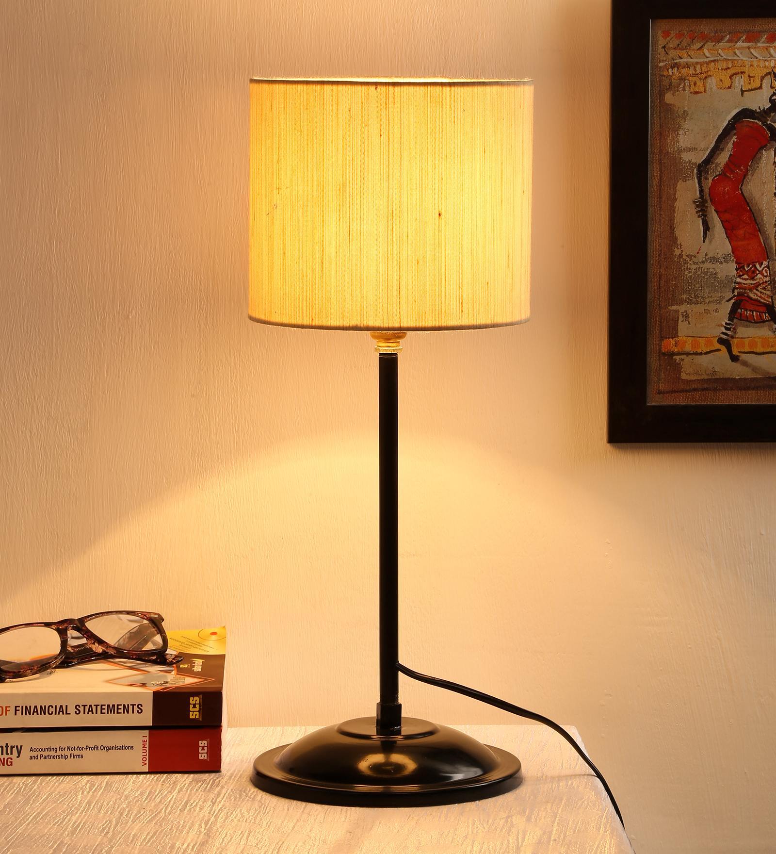 Drum Designer Stick Pipe Off White Cotton Shade Table Lamp With Black Base