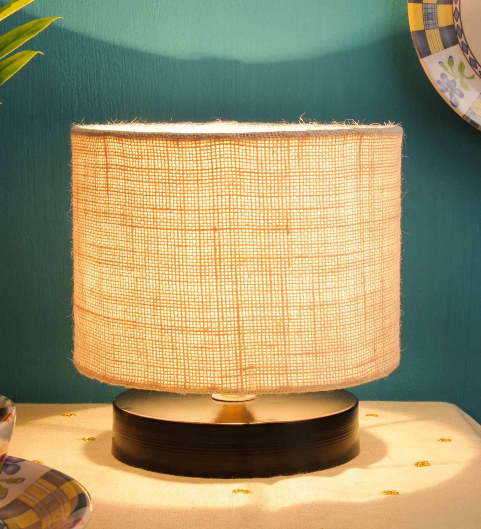 Drum Designer White Jute Shade Table Lamp with Black Base
