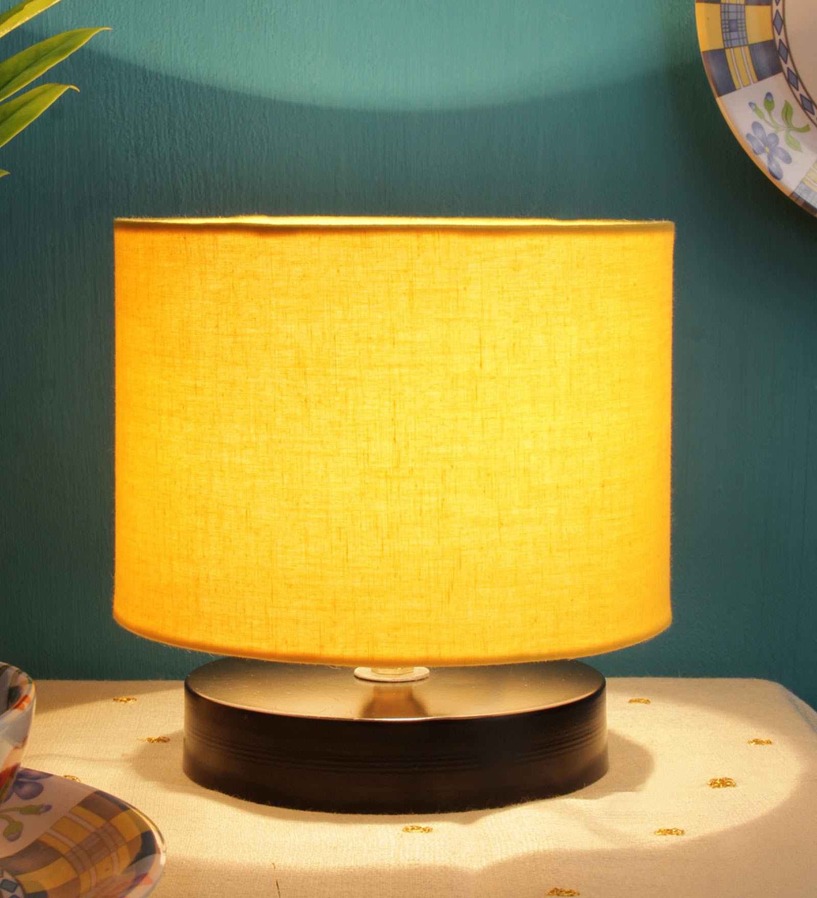 Drum Designer Yellow Cotton Shade Table Lamp With Black Base