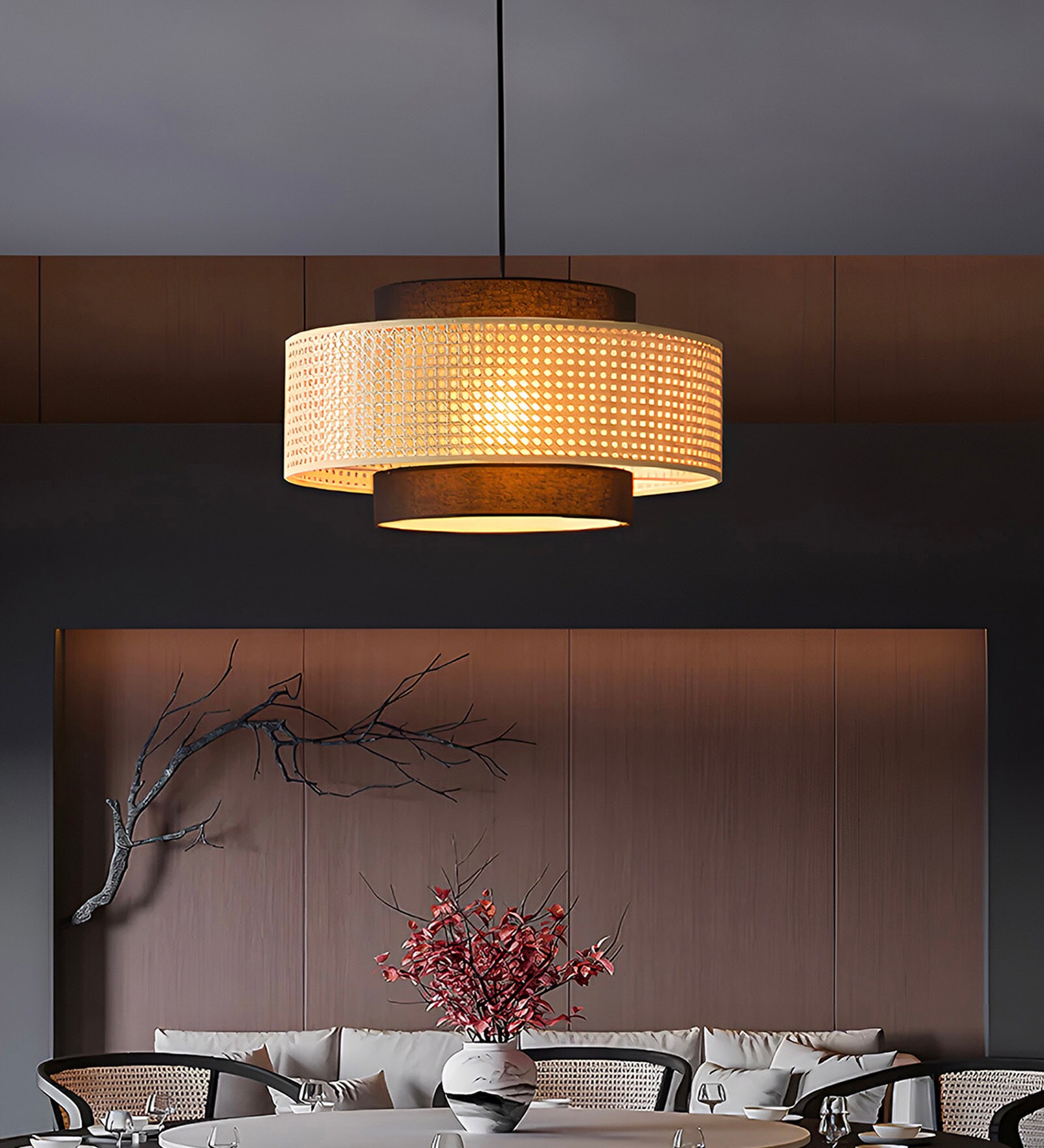 Drum Handmade Bamboo Pendant Hanging Light in Brown Colour