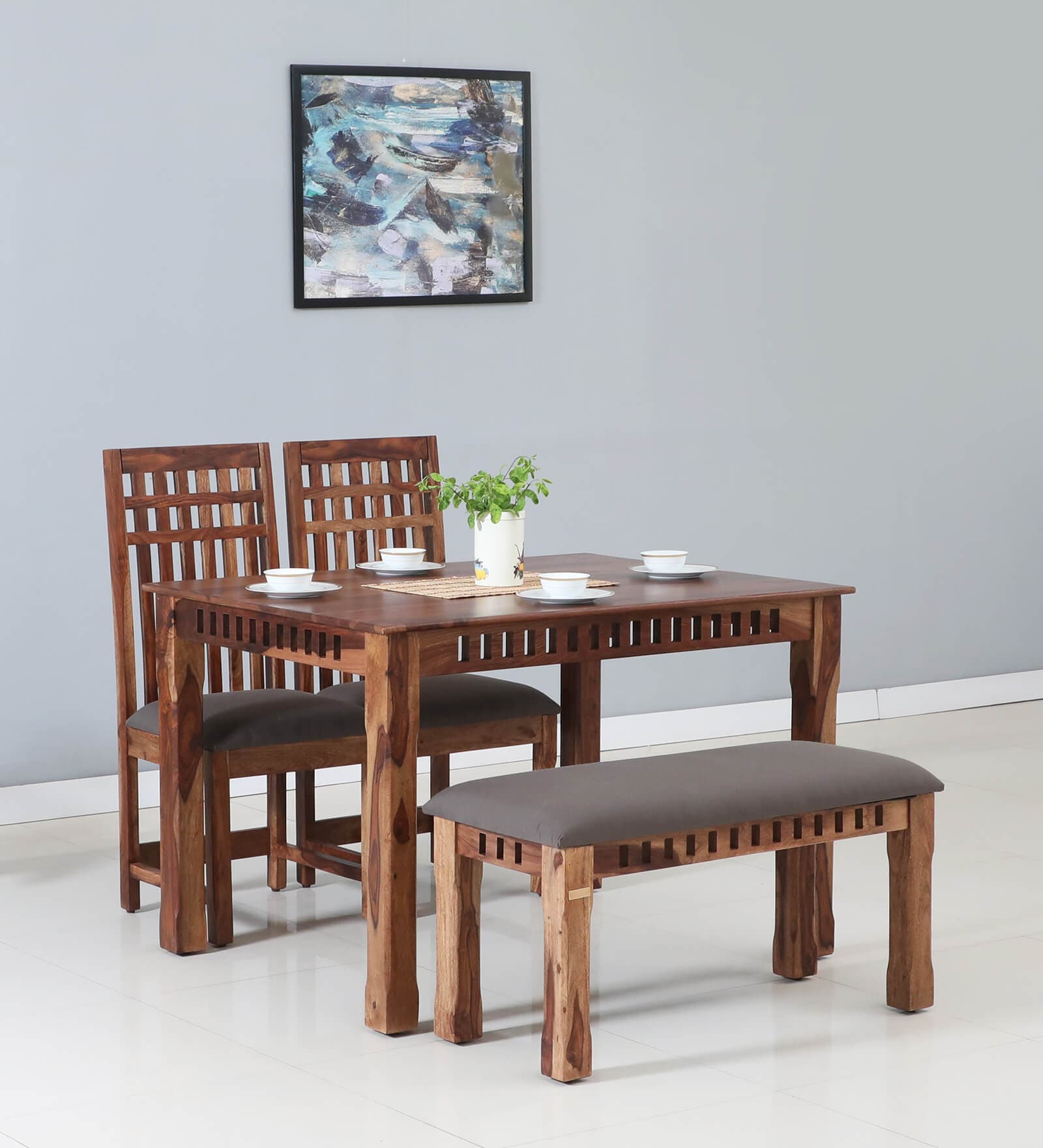 Drusilla Sheesham Wood 4 Seater Dining Set In Scratch Resistant Rustic Teak Finish With Bench