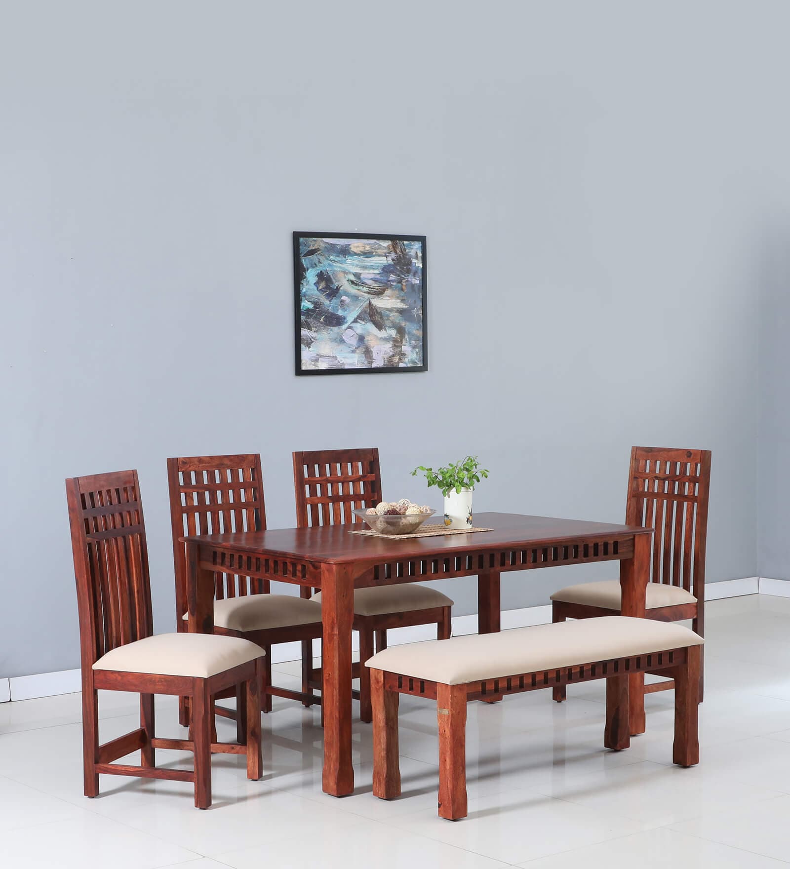 Drusilla Sheesham Wood 6 Seater Dining Set In Scratch Resistant Honey Oak Finish With Bench