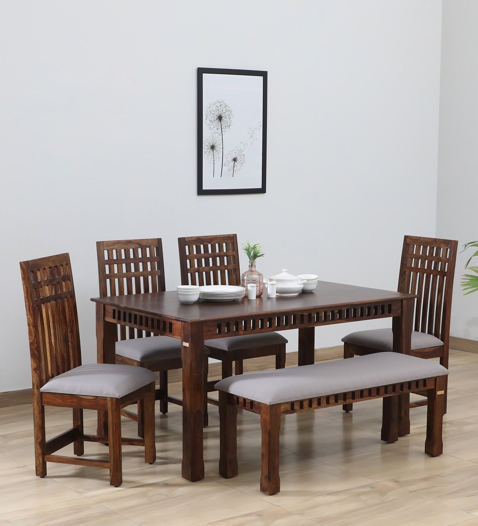 Drusilla Sheesham Wood 6 Seater Dining Set In Scratch Resistant Provincial Teak Finish With Bench