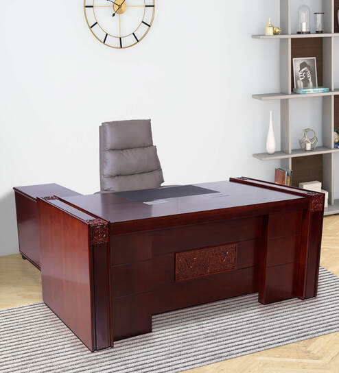 Office Table With Side Cabinet In Walnut Finish