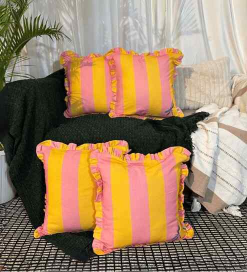 Yellow Striped Striped Cotton Ruffle 18x18 inches Cushion Covers Set of 4
