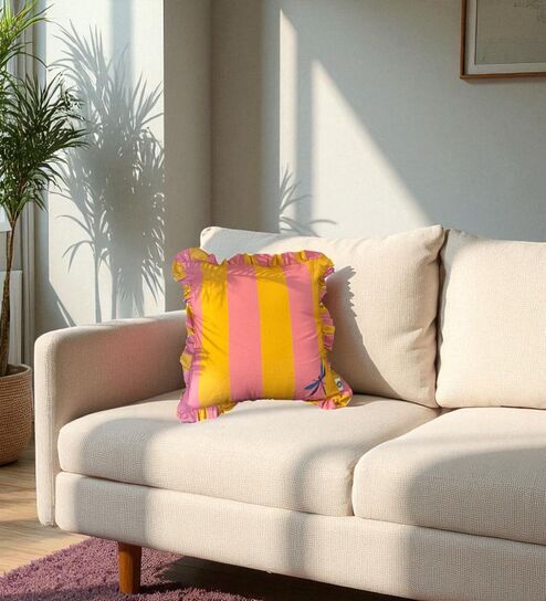 Yellow  Striped Striped Cotton Ruffle 18x18 inches Cushion Cover