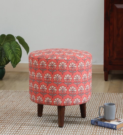 Drake Fabric Seating Stool In Provincial Teak Finish